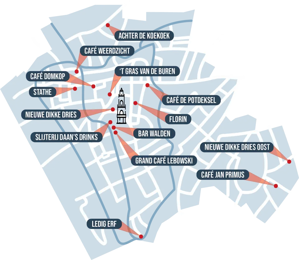 IJsbreker locaties Utrecht. Stadskaart. Achter de Koekoek, Cafe Weerdzicht, 'T Gras van de Buren, Cafe de Potdeksel, Florin, Bar Walden, Nieuwe Dikke Dries Oost, Grand Cafe Lebowski, Cafe Jan Primus, Ledig Erf, Slijterij Daan's Drinks, Nieuwe Dikke Dries, Stathe, Cafe Domkop, kroegen Utrecht. Pepermuntlikeur, feestdrank, borrel, drankje, Salmari, Nederland, Amsterdam, Utrecht